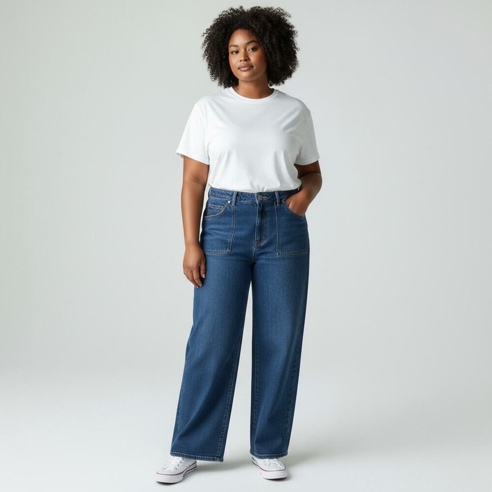 NWT J Crew Curvy Wide Leg Patch Pocket Jeans 33 Blue Denim All Day Stretch CB667